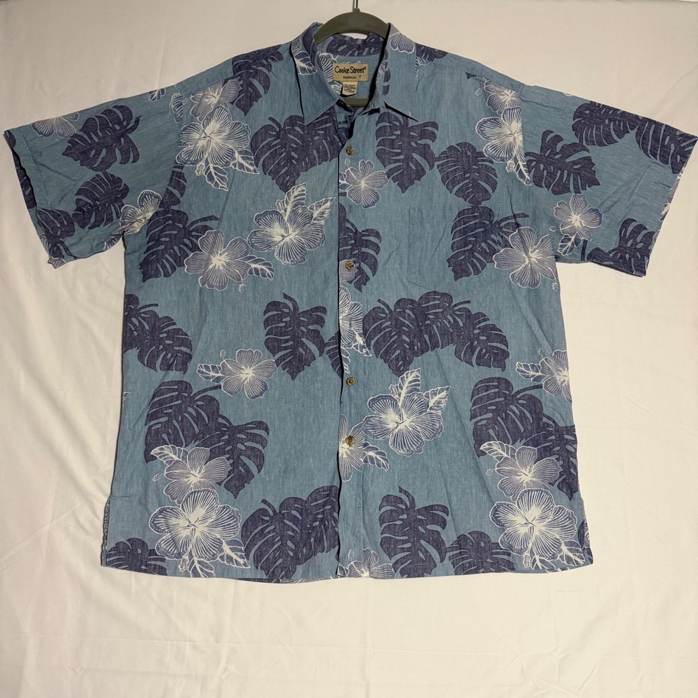 Cooke Street Honolulu Mens 2XL Blue Tropical Hibiscus Monstera Hawaiian Shirt